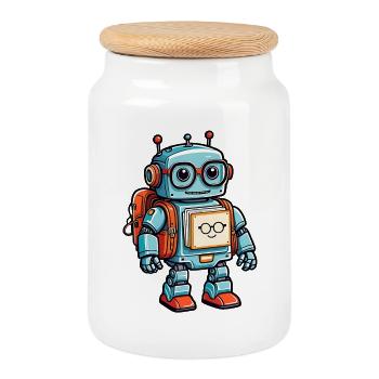 Funny little robot with satchel - Cookie Jar with Wooden Lid - white - Front
