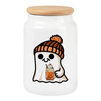 Halloween Fantôme Chapeau Citrouille Thé Café Automne Mignon - Boîte à biscuits avec couvercle en bois - blanc - Devant