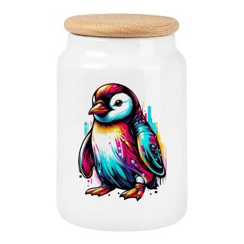 Pingouin - Boîte à biscuits avec couvercle en bois - blanc - Devant