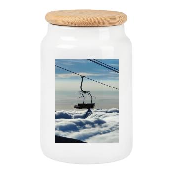 Mer de nuage et télésiège - Boîte à biscuits avec couvercle en bois - blanc - Devant
