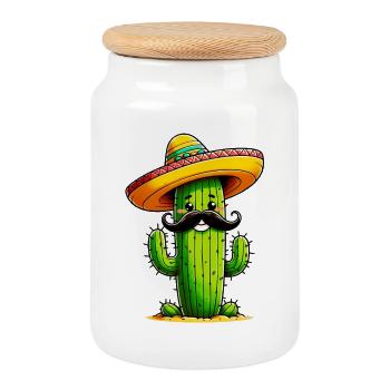 Cactus - Cookie Jar with Wooden Lid - white - Front