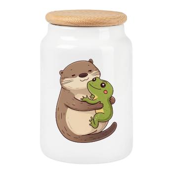 Niedlicher Otter, der einen Frosch umarmt - Entzückende Karikatur - Keksdose mit Holzdeckel - Weiß - Vorne
