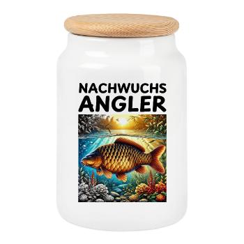 Motif de carpe pêcheur - Boîte à biscuits avec couvercle en bois - blanc - Devant