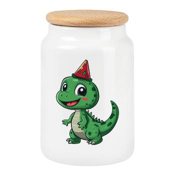 Niedlicher Dinosaurier mit Partyhut - lustig und verspielt - Keksdose mit Holzdeckel - Weiß - Vorne