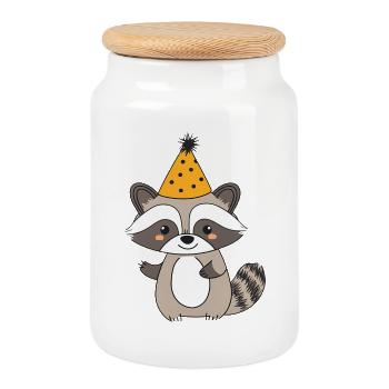 Happy Raccoon with Party Hat - Fun birthday design - Cookie Jar with Wooden Lid - white - Front