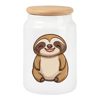 Cute Relaxed Happy Sloth - Adorable Cartoon Design - Cookie Jar with Wooden Lid - white - Front