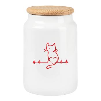 80s 90s Retro Cat Cats Heart Heartbeat - Cookie Jar with Wooden Lid - white - Front