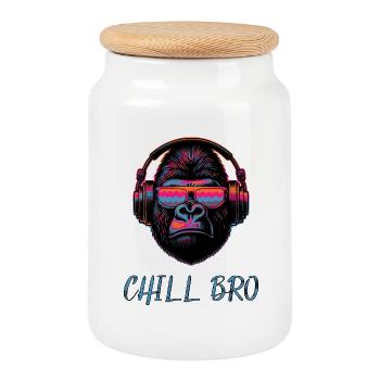 CHILL BRO - Cooler Affe mit Sonnenbrille Kopfhörer - Keksdose mit Holzdeckel - Weiß - Vorne