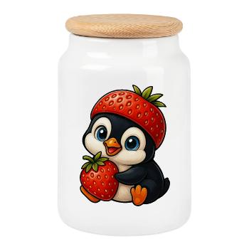 Funny Penguin with Strawberry in Hat Fruity - Cookie Jar with Wooden Lid - white - Front