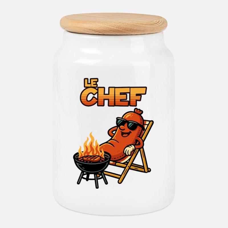 Le Chef: Grill master in retro style - Cookie Jar with Wooden Lid - white