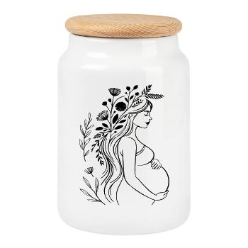 Schwangere Frau - Boho, personalisierbar - Keksdose mit Holzdeckel - Weiß - Vorne