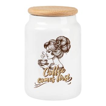 Le café vient en premier – Femme rétro Clipart - Boîte à biscuits avec couvercle en bois - blanc - Devant