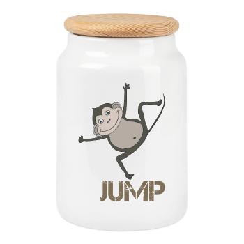 Singe ludique avec motif de saut - Boîte à biscuits avec couvercle en bois - blanc - Devant