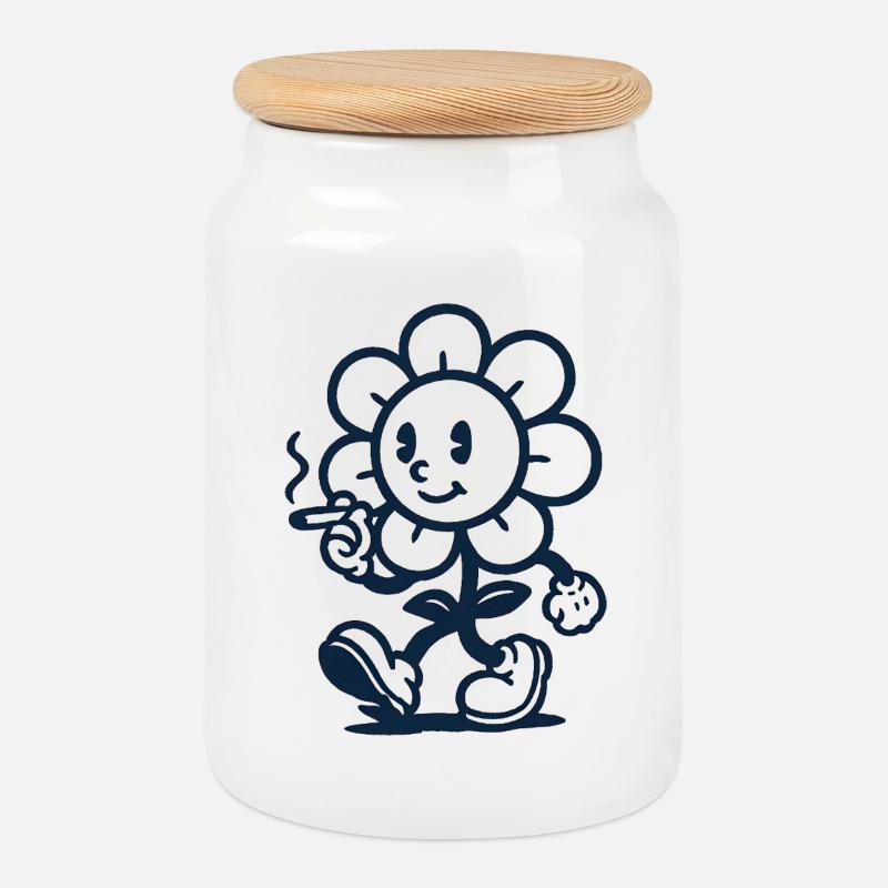 Mascotte florale rétro avec dessin de cigarette - Boîte à biscuits avec couvercle en bois - blanc