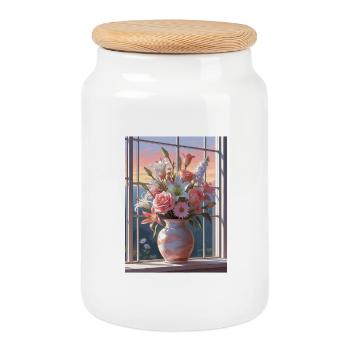 Vases de fleurs au coucher du soleil - Boîte à biscuits avec couvercle en bois - blanc - Devant