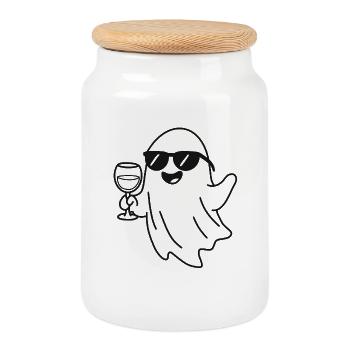 Gespenst mit Sonnenbrille und Wein - Keksdose mit Holzdeckel - Weiß - Vorne