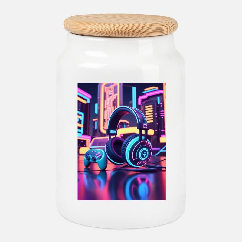 Neon Gaming Headset Design - Keksdose mit Holzdeckel - Weiß