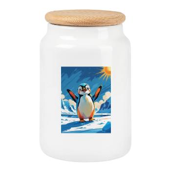 Penguin waving in the Vibrant Arctic - Cookie Jar with Wooden Lid - white - Front