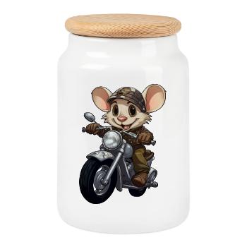 Mouse Motorcycle / Motorcyclist Mouse - Cookie Jar with Wooden Lid - white - Front