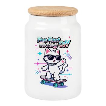 🐱 Cat Skater with Goggles – Too Fast To Log Off - Cookie Jar with Wooden Lid - white - Front