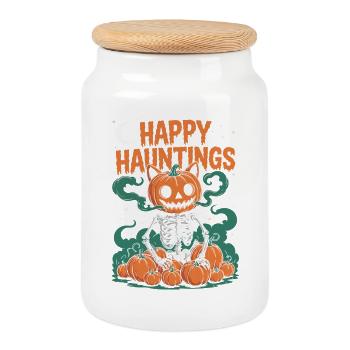 Gruselige Kürbis-Laterne Skelett Halloween Design - Keksdose mit Holzdeckel - Weiß - Vorne