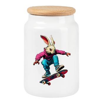 Bunny Skateboard / Skateur Bunny - Boîte à biscuits avec couvercle en bois - blanc - Devant