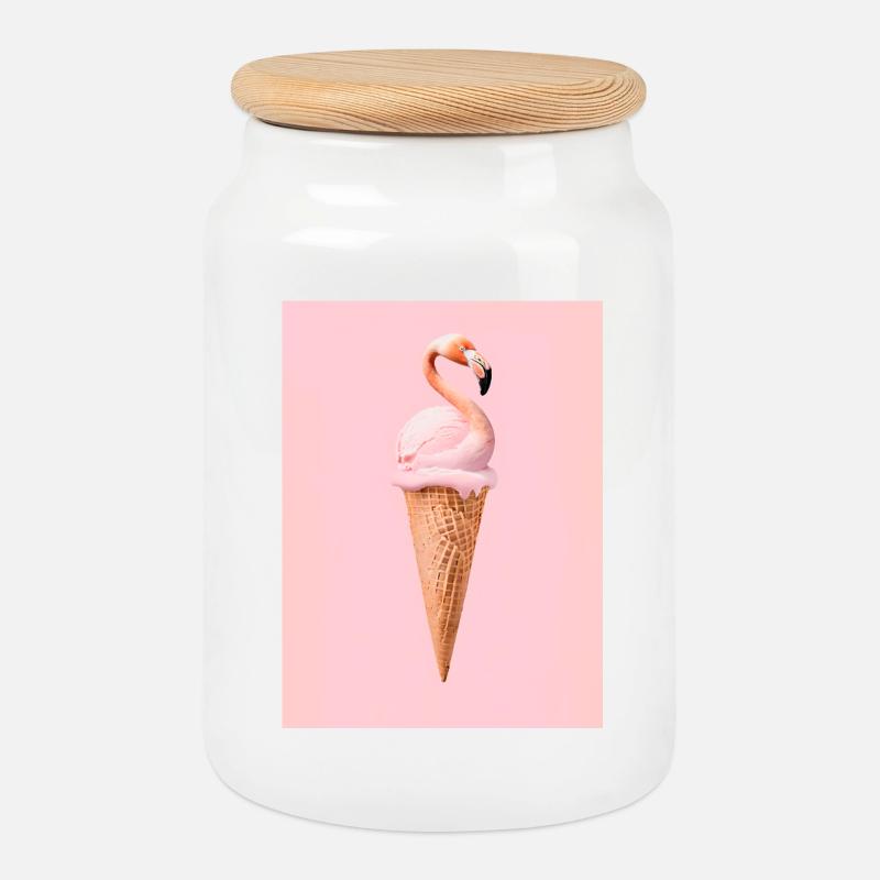 Flamingo-Eis mit Waffeltüte - Keksdose mit Holzdeckel - Weiß