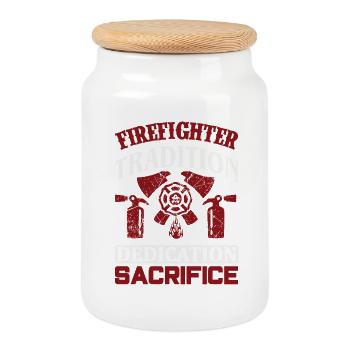 Feuerwehr-Tradition mit Helm und Brandlöscher - Keksdose mit Holzdeckel - Weiß - Vorne