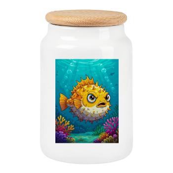 Comic style pufferfish, round spiky inflated body - Cookie Jar with Wooden Lid - white - Front