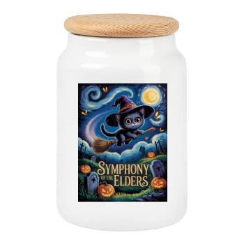 Chaton Sorcière Volant Au-dessus du cimetière d’Halloween - Boîte à biscuits avec couvercle en bois - blanc - Devant