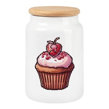 Retro Pixel Cupcake - Cookie Jar with Wooden Lid - white - Front