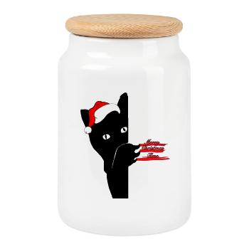 Chat de Noël - Boîte à biscuits avec couvercle en bois - blanc - Devant