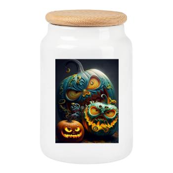 Glowing Halloween Pumpkins - Cookie Jar with Wooden Lid - white - Front