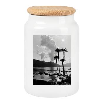 Black and white palm trees by the lake - Cookie Jar with Wooden Lid - white - Front