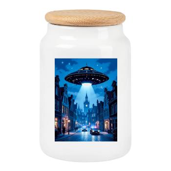 Belgian Wave – UFOs in the sky - Cookie Jar with Wooden Lid - white - Front