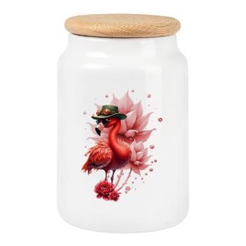 Flamant rose avec chapeau - Boîte à biscuits avec couvercle en bois - blanc - Devant
