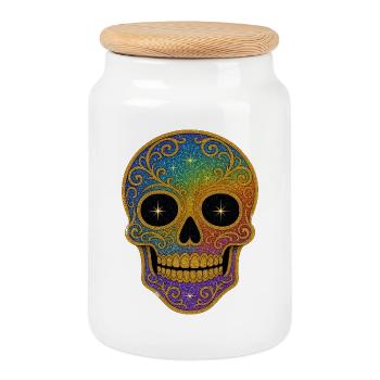 Rainbow Glitter Sugar Skull - Cookie Jar with Wooden Lid - white - Front