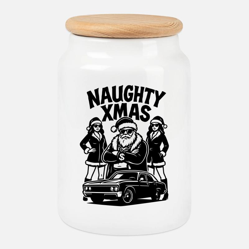Vilain Noël Père Noël Pimp Auto Poussins - Boîte à biscuits avec couvercle en bois - blanc