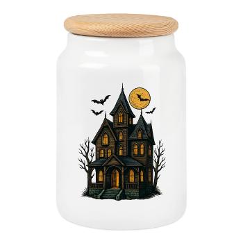 Maison hantée effrayante pour Halloween - Boîte à biscuits avec couvercle en bois - blanc - Devant
