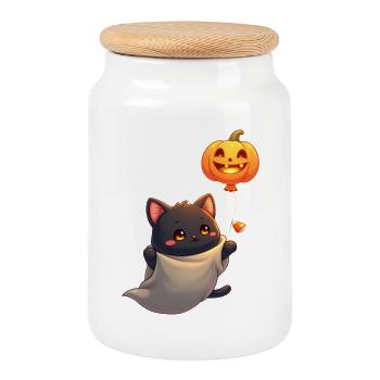 Halloween Katze mit Halloween Kürbis - Keksdose mit Holzdeckel - Weiß - Vorne