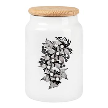 Black and White Flower Spiral - Cookie Jar with Wooden Lid - white - Front