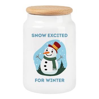 Snow Excited for Winter Snowman Art - Cookie Jar with Wooden Lid - white - Front