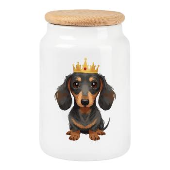 Kleiner Dackel mit Krone Cute Design - Keksdose mit Holzdeckel - Weiß - Vorne
