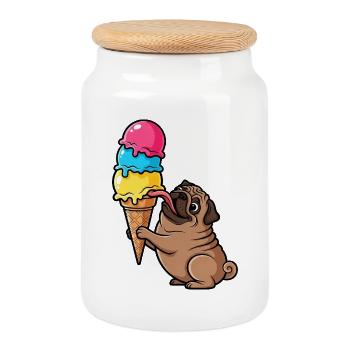 Süßer Mops mit Eis Eiskugel Sommer Cartoon - Cookie Jar with Wooden Lid - white - Front