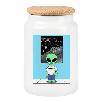 Alien devant le vaisseau spatial Terre - Boîte à biscuits avec couvercle en bois - blanc - Devant