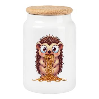 Cute hedgehog with spaghetti clumsy cartoon - Cookie Jar with Wooden Lid - white - Front