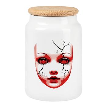 Gruselige Halloween Puppe Maske Portrait Kunst - Keksdose mit Holzdeckel - Weiß - Vorne