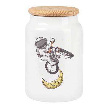 Astronaut Moon Bike Jump - Cookie Jar with Wooden Lid - white - Front