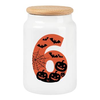 Spooky Halloween Number 6 with Pumpkins and Bats - Cookie Jar with Wooden Lid - white - Front