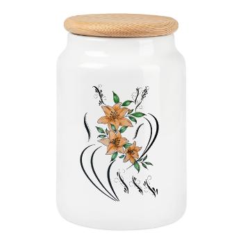 Lys orange avec des lignes décoratives en filigrane - Boîte à biscuits avec couvercle en bois - blanc - Devant